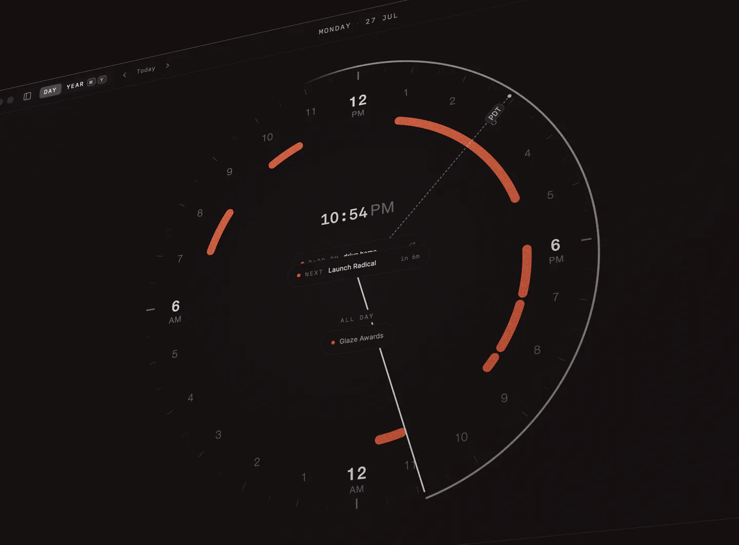 Radical desktop day view with circular calendar interface