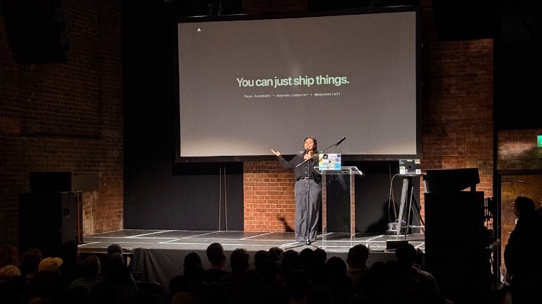 Maya Avendaño on stage at Vercel Skills Night London presenting You Can Just Ship Things